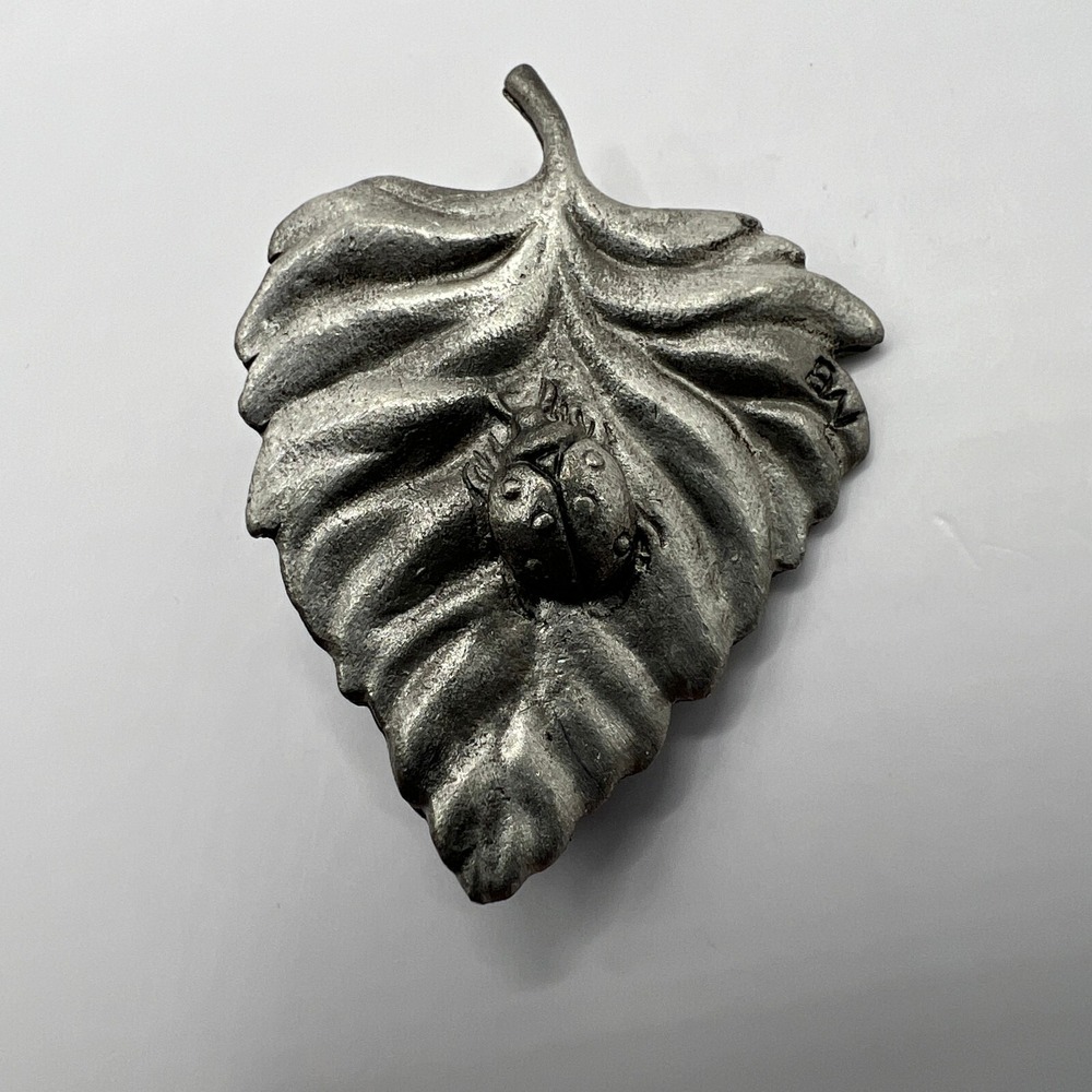 Vintage Marjolein Bastin Leaf Ladybug Brooch Pewter Tone Outdoors Nature Pin‎
